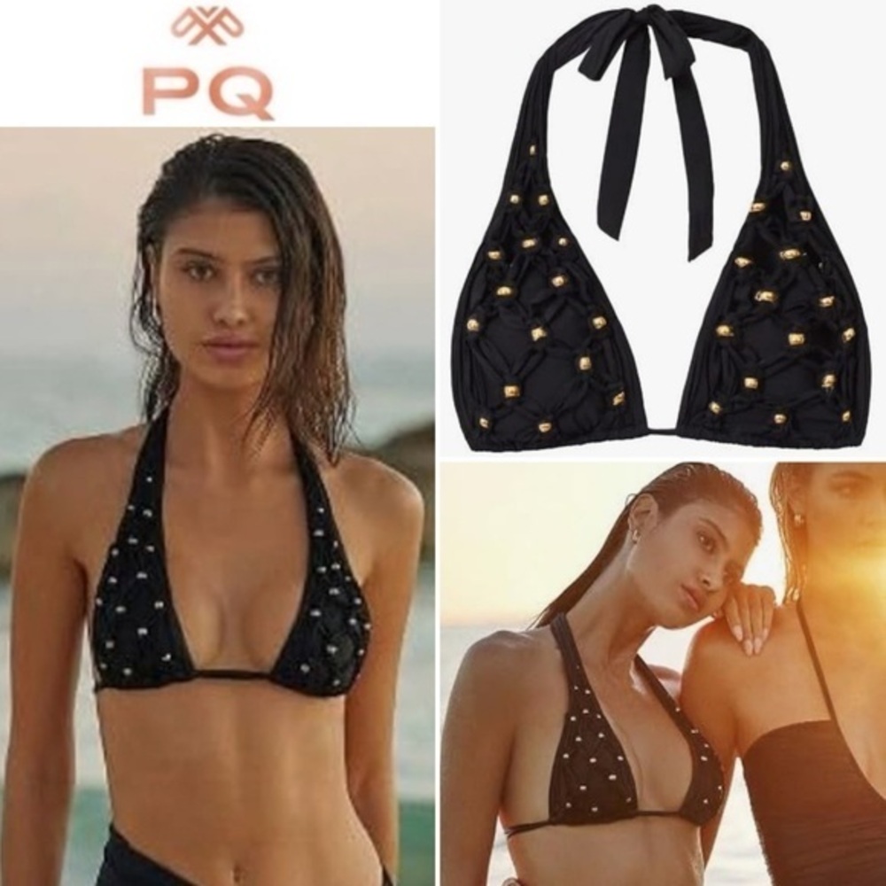 PQ Swim Women's Beaded Brynn Halter in Black and Gold Beads sz M